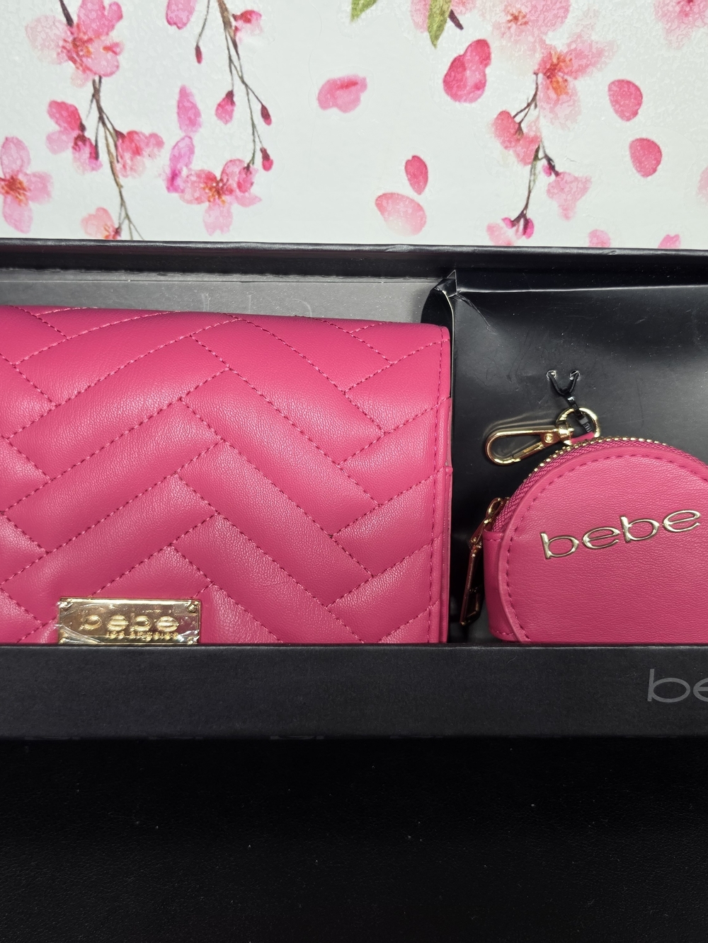 bebe Quilted Pink Wallet with Matching Round Coin Pouch